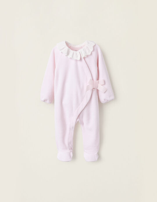 Buy Online Velours Sleepsuit with Bow and Broderie Anglaise for Newborn Girls, Pink
