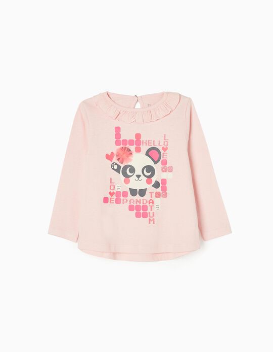 T-shirt à Manches Longues en Coton Bébé Fille 'Panda', Rose