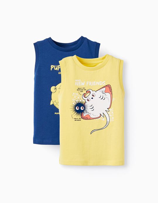 2 T-shirts de Manga Cava para Bebé Menino 'Peixe-Balão', Amarelo/Azul