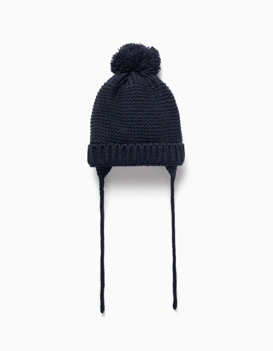 Knitted Beanie with Ear Flaps for Baby Boys, Dark Blue