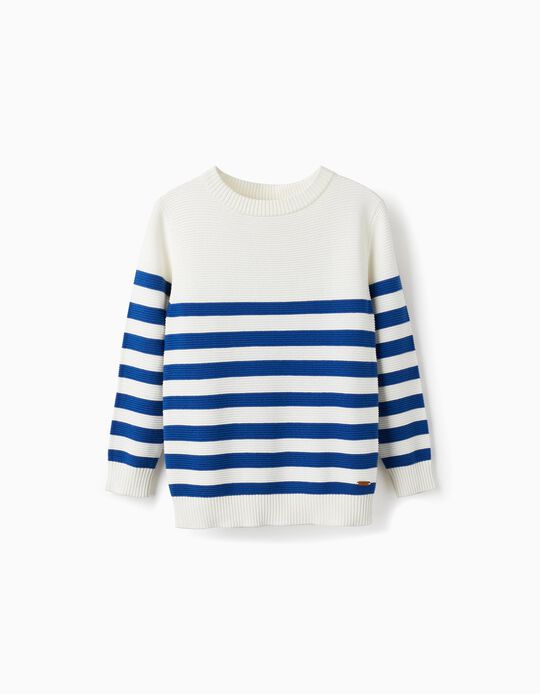 Sweater with Stripes in Cotton Knit for Boys, White/Blue