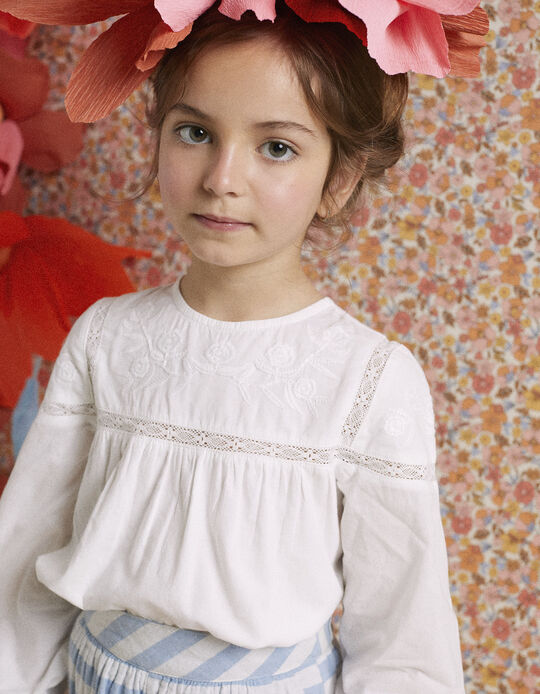 Blouse with Lace and Embroidery for Girls, White