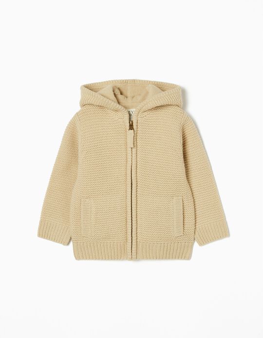 Chunky Knit Hooded Cardigan in Cotton for Boys, Beige