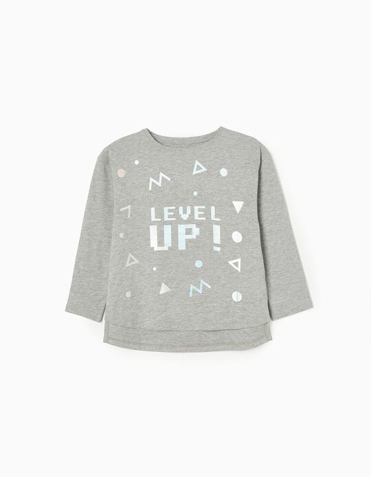 Long Sleeve Cotton T-shirt for Girls 'Level Up', Grey