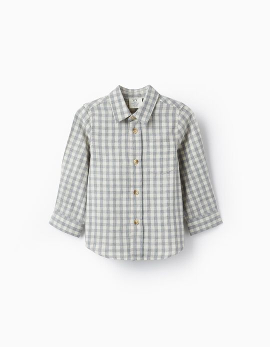 Checkered Cotton Shirt for Baby Boys, Grey/White