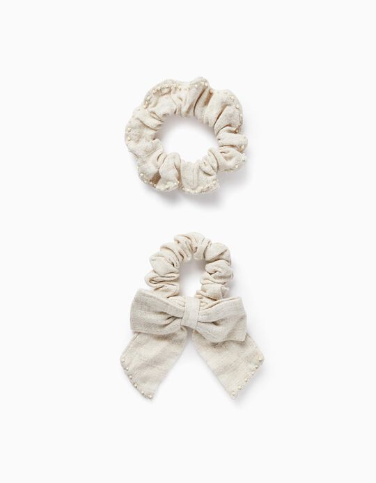 2-Pack Scrunchie Hair Elastics with Beads for Baby Girls and Girls, Beige