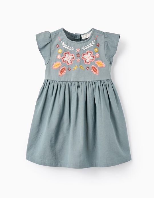 Embroidered Flower Dress for Baby Girls, Blue