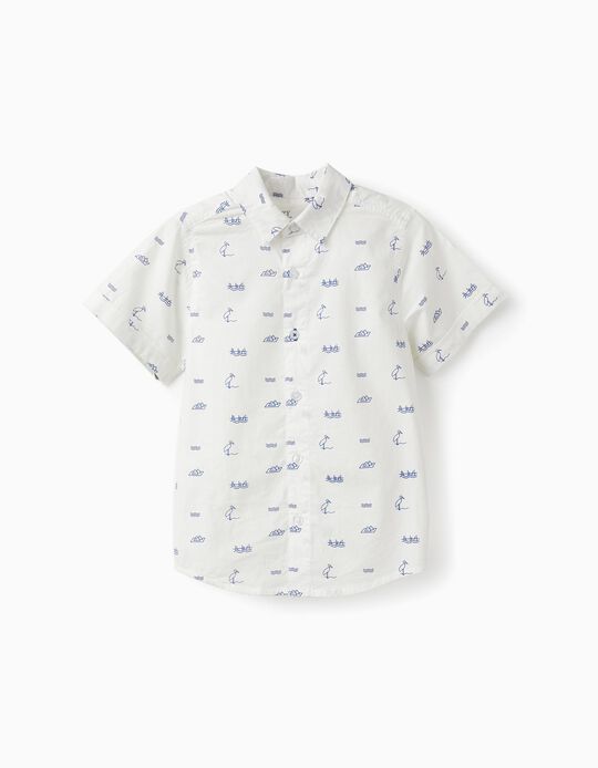 Camisa de Manga Curta em Algodão para Menino, Branco/Azul
