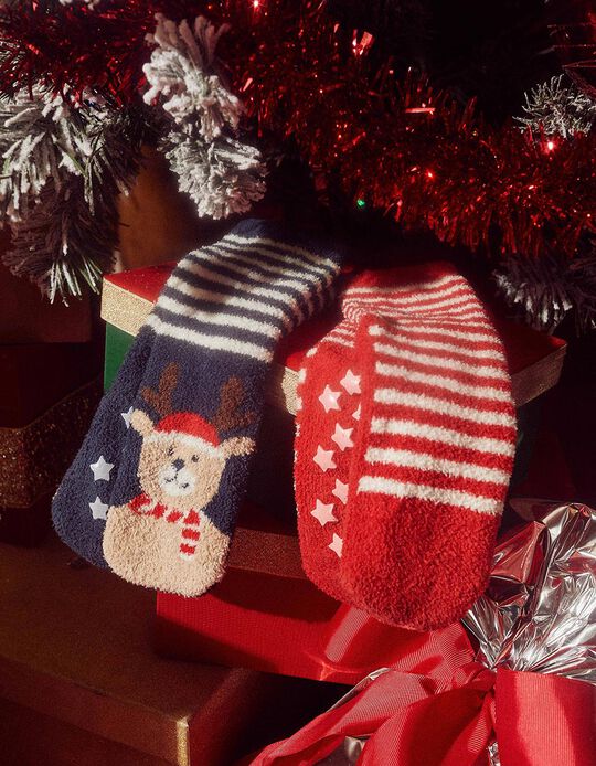 2-Pack Non-Slip Socks for Children 'Christmas', Red/Blue