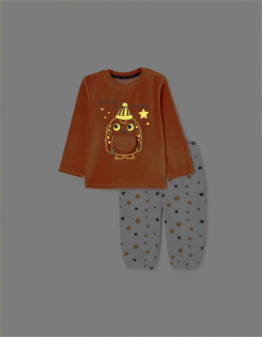 Pijama de Veludo Brilha no Escuro para Bebé Menino 'Monstro das Bolachas', Laranja/Cinza