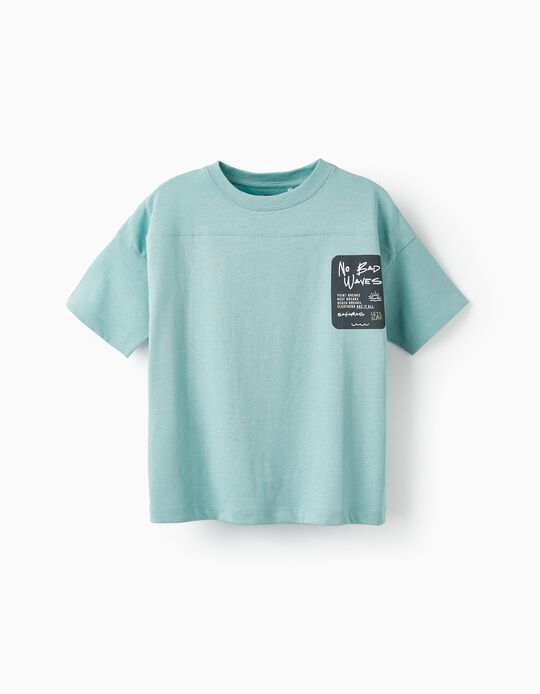 Camiseta de Algodón para Niño 'No Bad Waves', Verde Agua