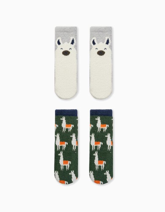 Pack of 2 pairs of Non-slip Socks for Boys 'Llama', Grey/Green