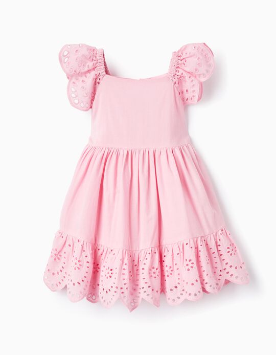 Cotton Dress with English Embroidery for Baby Girls, Pink