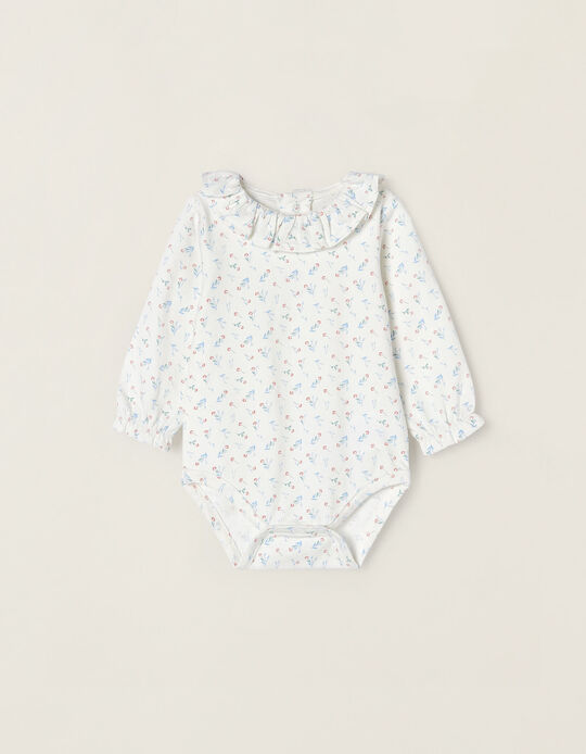 Floral Bodysuit in Cotton for Newborn Baby Girls, White