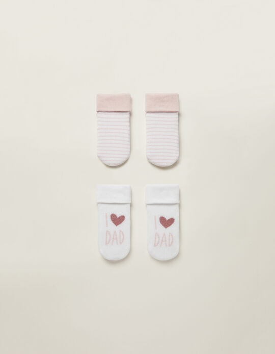 2 Paires de Chaussettes Epaisses Bébé Fille 'I Love Dad', Blanc/Rose
