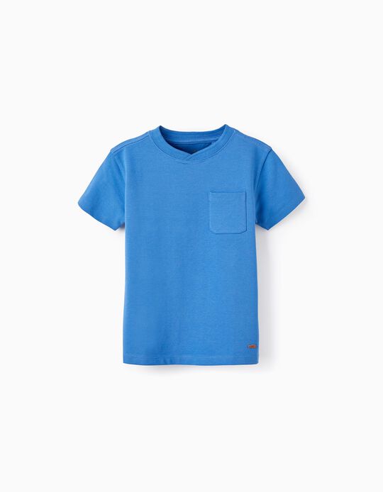 T-Shirt de Manga Curta em Piqué de Algodão para Menino, Azul