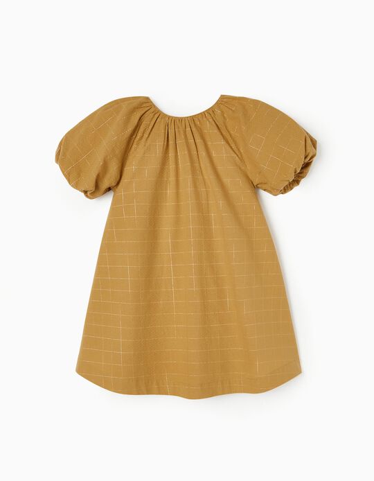 Textured Cotton Dress with Plaid Pattern for Girls, Dark Beige/Golden