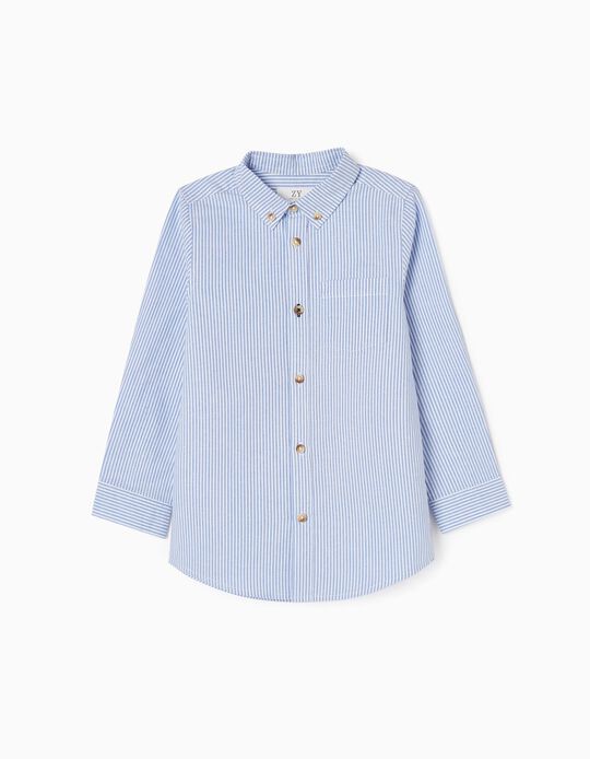 Camisa de Manga Comprida em Algodão para Menino, Azul/Branco