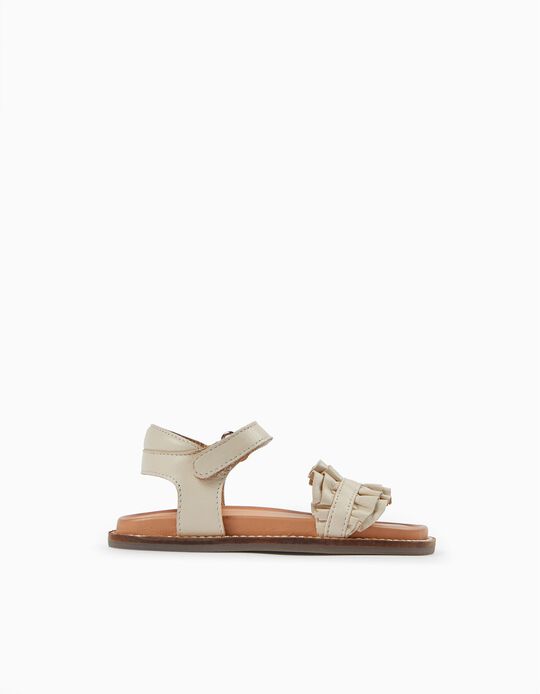 Leather Sandals with Ruffles for Baby Girls, Beige