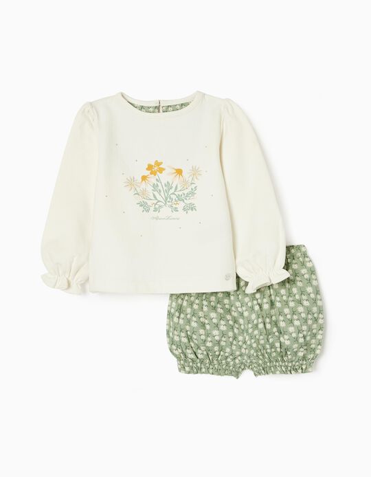 Camisola + Calções com Flores para Bebé Menina, Branco/Verde