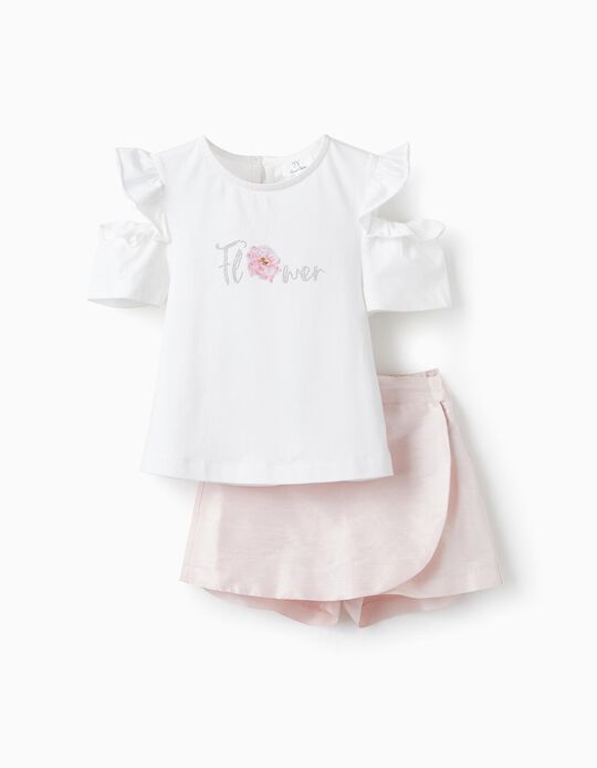 T-Shirt com Folhos + Saia Calção para Menina 'Flower', Branco/Rosa