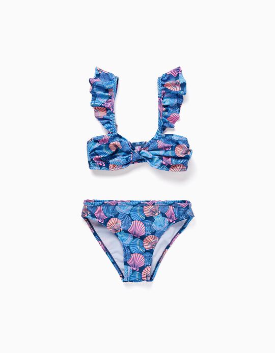 Bikini UPF80 con Motivo de Conchas para Niña, Azul/Rosa