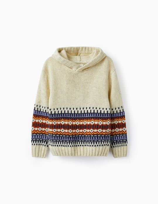 Hooded Sweater in Jacquard Knit for Boys, Beige