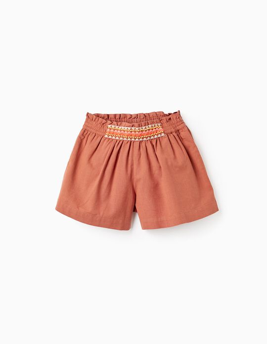 Cotton and Linen Shorts with Embroidery and Beads for Girls, Brown