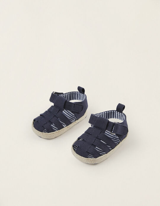 Fabric and Jute Sandals for Newborn Baby Boys, Dark Blue/Beige