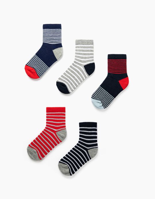 5 Pairs of Socks for Boys 'Stripes', Blue/Grey/Red