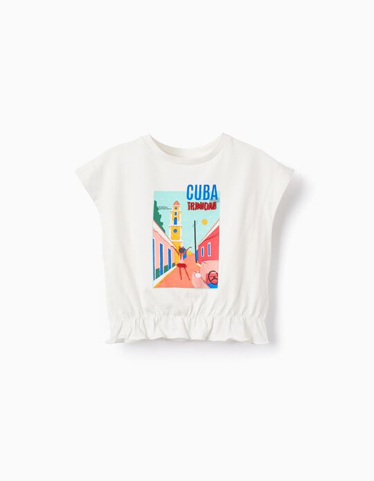 Cotton T-shirt with Beads for Girls 'Cuba', White