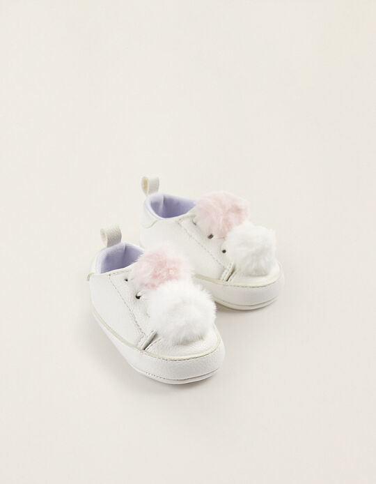 Comprar Online Zapatos con Pompones para Recién Nacida, Blanco/Rosa