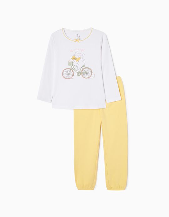 Cotton Pyjamas for Girls 'Kitty', White/Yellow
