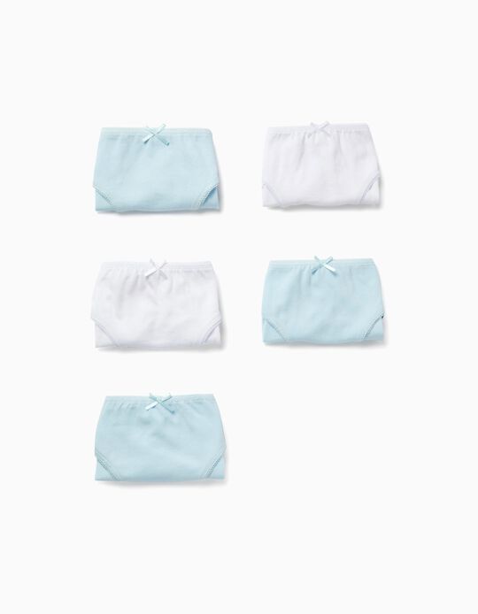 Pack of 5 Plain Cotton Briefs for Girls, White/Blue