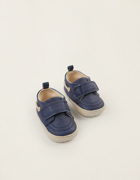 Sapatos de Vela com Juta para Recém-Nascido, Azul Escuro/Bege