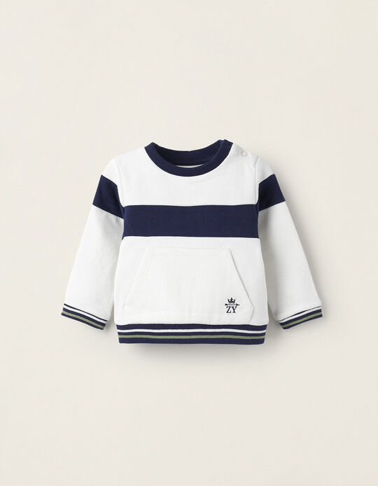 Cotton Piqué Sweatshirt for Newborn Boys, White/Dark Blue