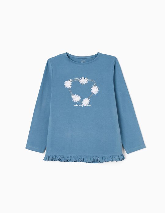 Camiseta de Manga Larga de Algodón para Niña 'Flores', Azul