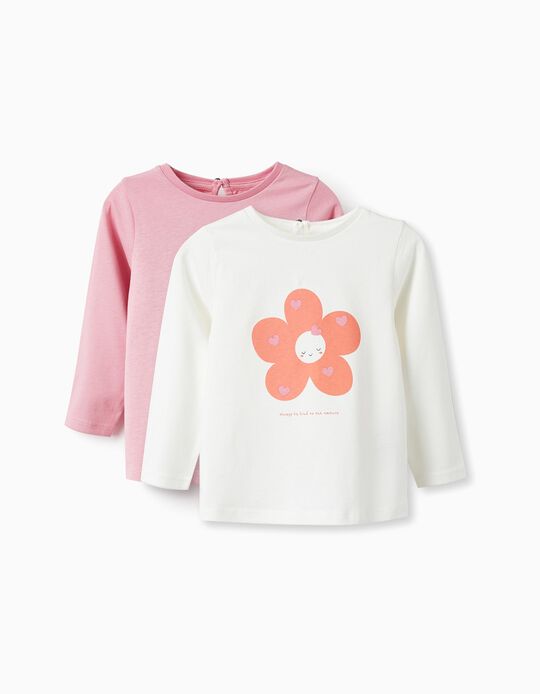 Comprar Online Pack 2 T-Shirts de Manga Comprida para Bebé Menina, Branco/Rosa