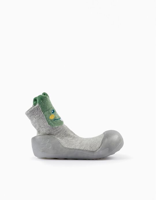 Calcetines con Suela de Goma Steppies para Bebé Niño 'Dinosaurio', Gris/Verde