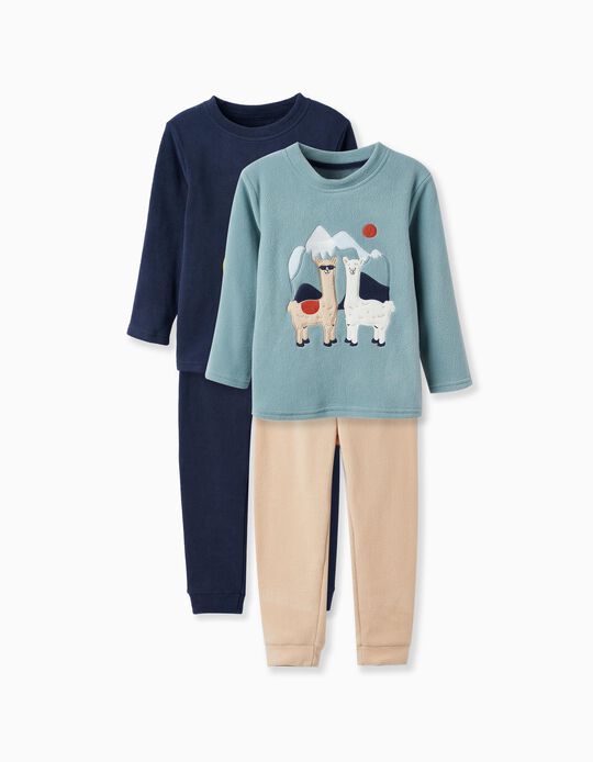 Pack of 2 Polar Pyjamas for Boys 'Llamas', Green/Beige/Dark Blue
