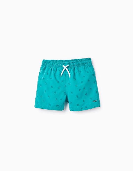 Swim Shorts with Embroidered Pattern for Boys, Green
