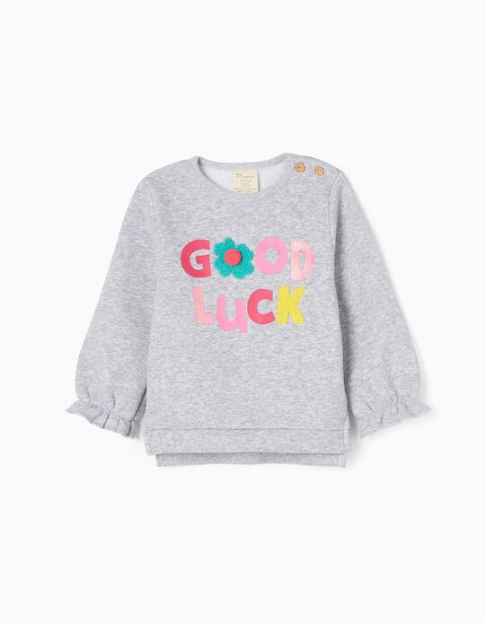 Sweatshirt with Thermal Effect for Baby Girls 'Good Luck', Grey