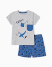 Pijama em Algodão para Bebé Menino 'Raia & Tubarão', Azul/Cinza
