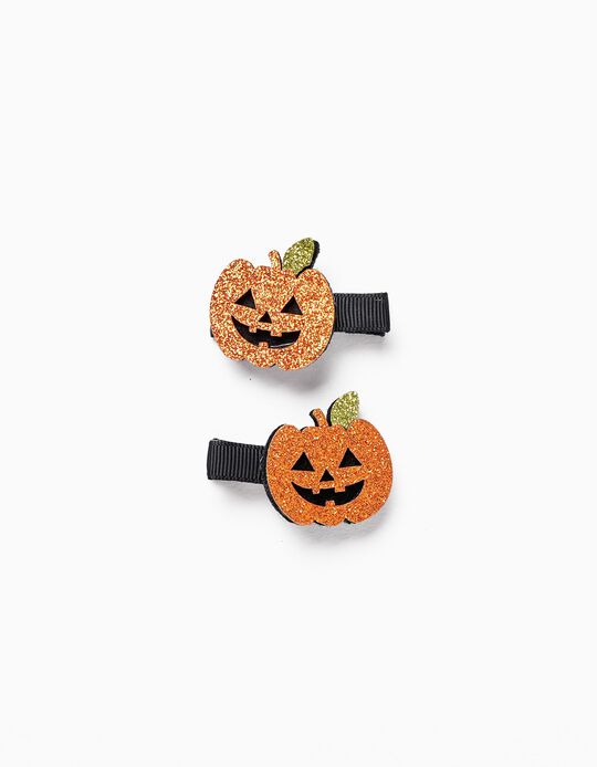 Pack of 2 Hair Clips with Glitter for Baby and Girl 'Halloween', Black/Orange