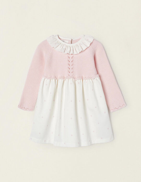Vestido Combinado em Algodão para Bebé Menina, Rosa/Branco