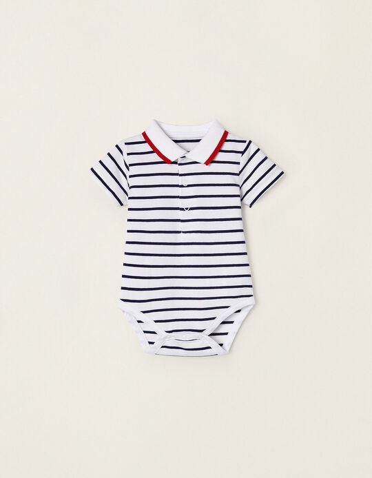 Cotton Polo-Bodysuit for Newborn Baby Boys, White/Dark Blue