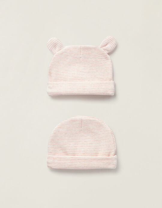 Buy Online Pack of 2 Cotton Hats for Newborn Girls, Pink/White
