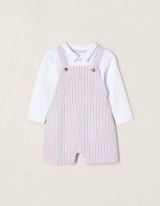 Cotton Polo-Bodysuit + Dungarees for Newborns, White/Striped
