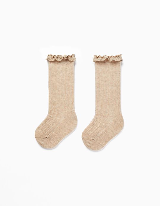 Knee-High Ribbed Socks with Lace for Baby Girl, Beige