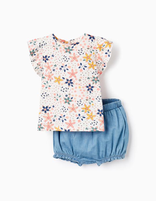 T-Shirt + Bloomer Pour Bébé Fille, Blanc/Bleu